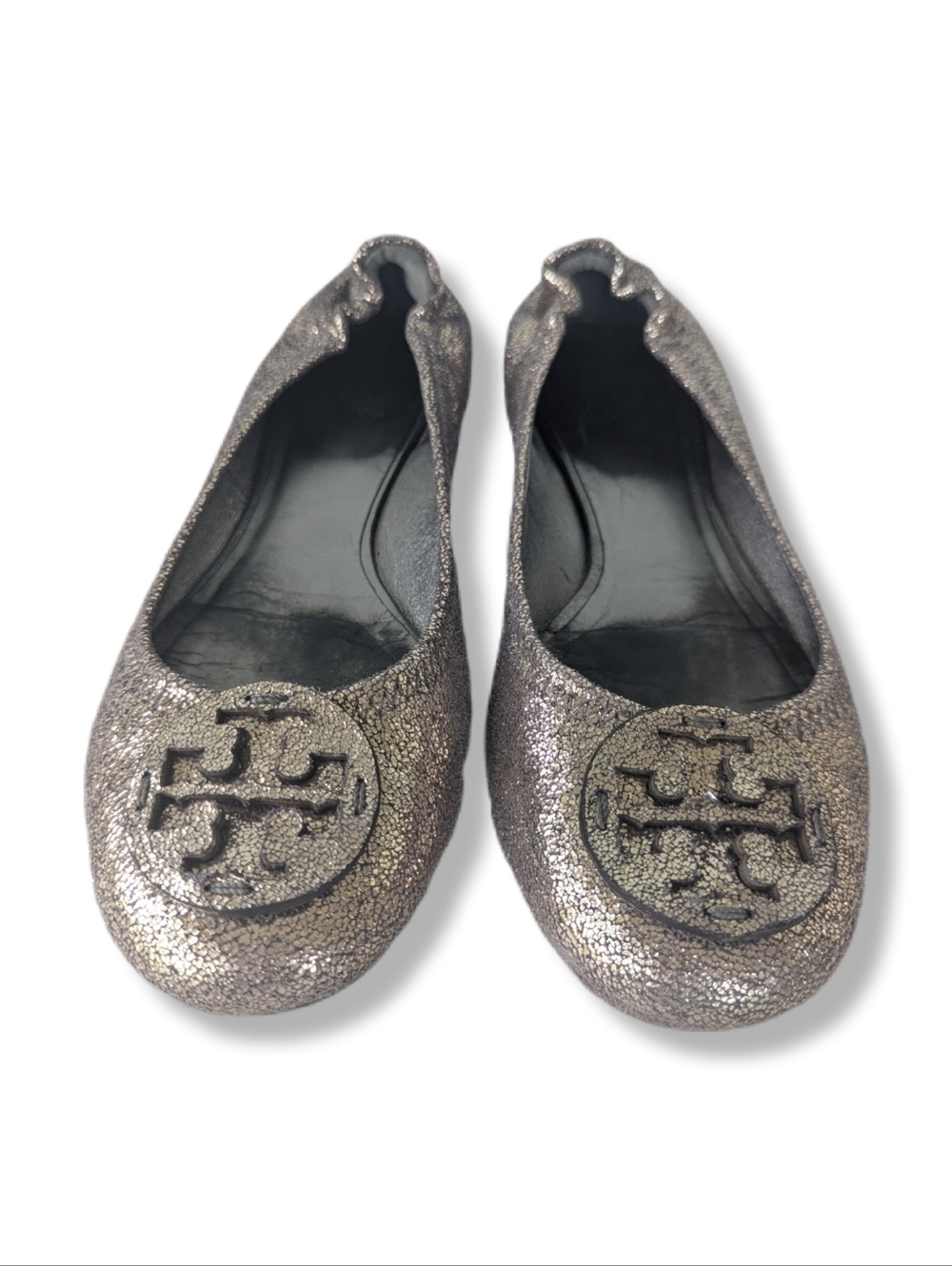 Tory Burch Women's Metallic Silver Crackle Logo Ballet Flats